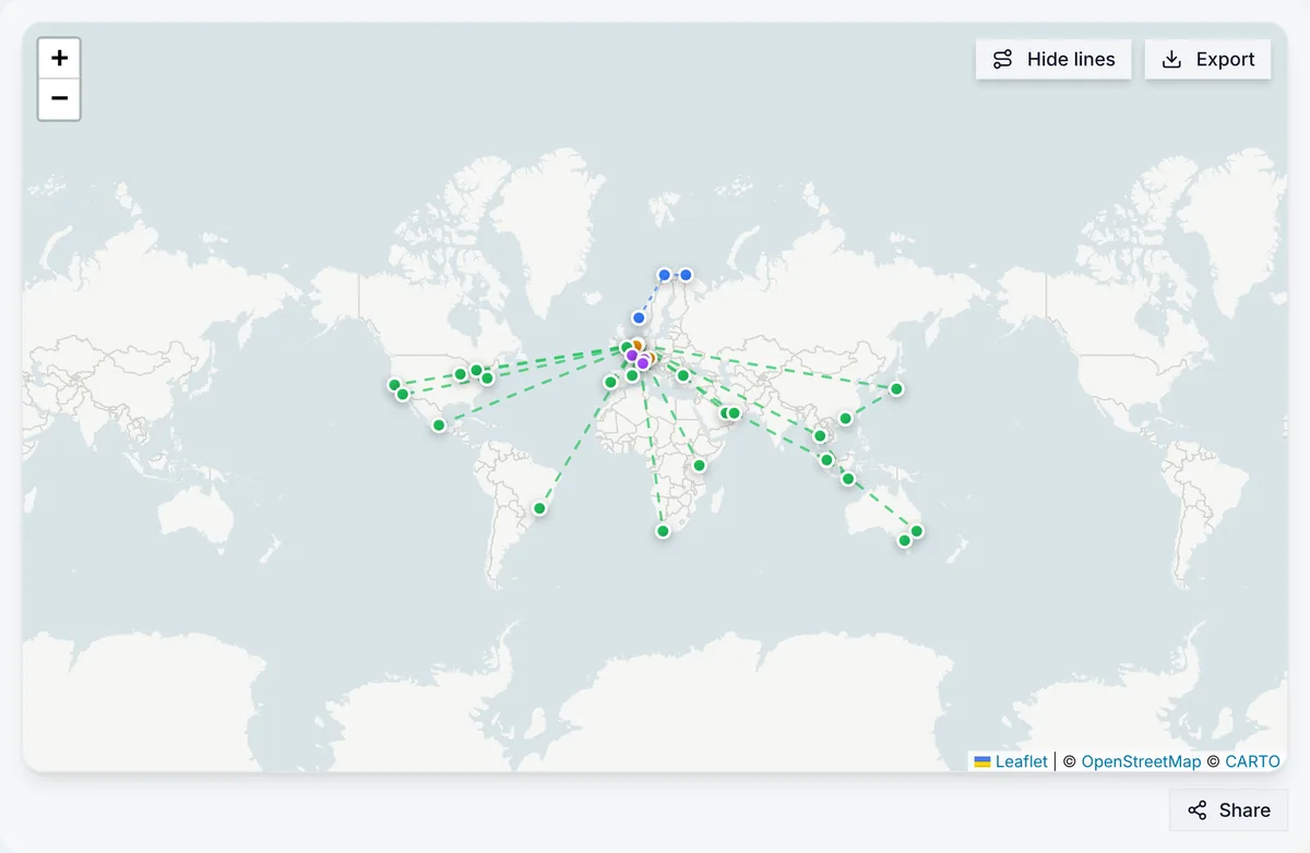 Contrail world map showing flight routes between Europe, Asia and the Americas